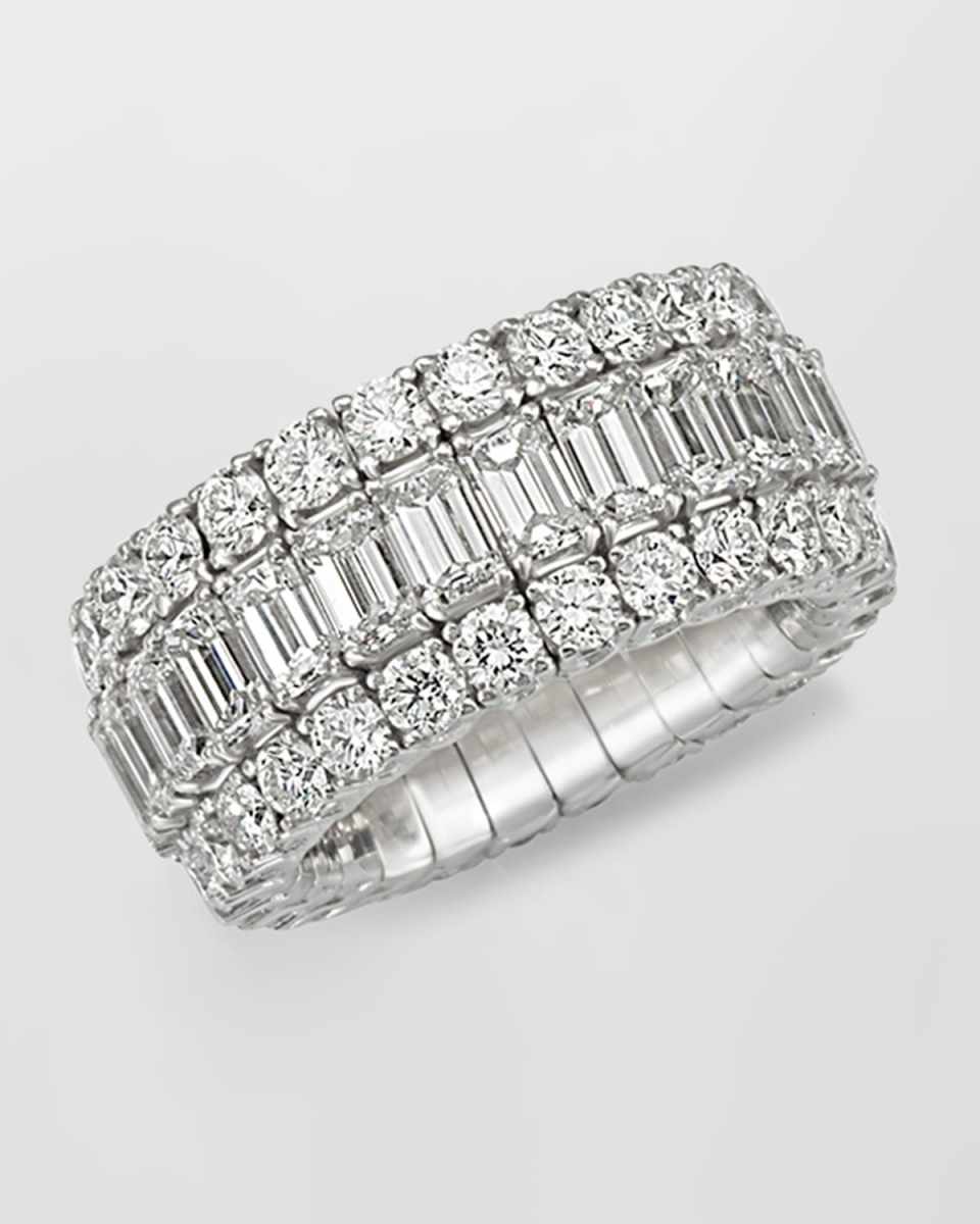 18K White Gold Xpandable FG/VVS Emerald Cut and Round Diamond Ring, Size 6.5